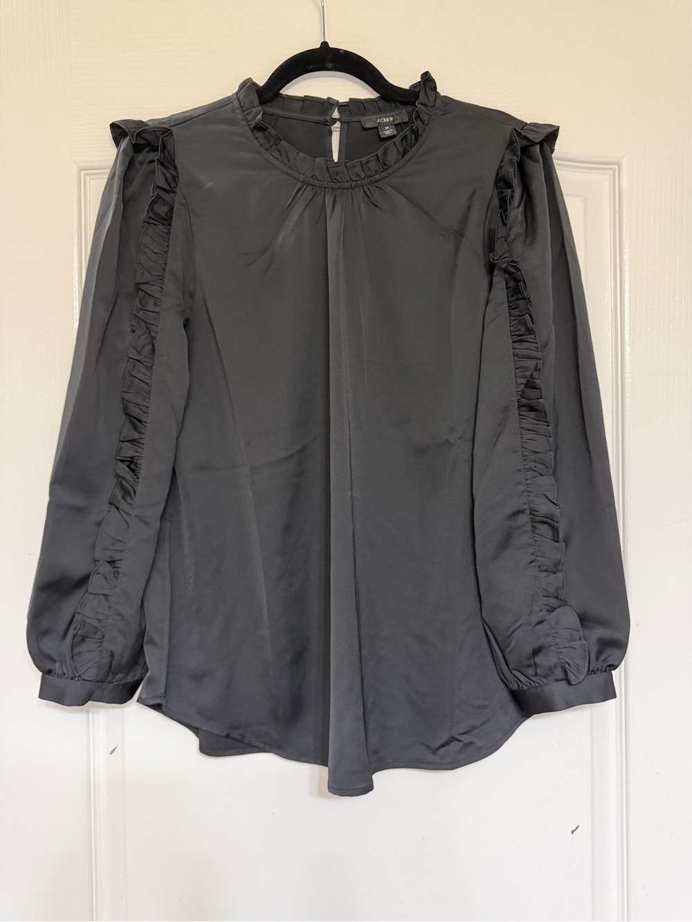 J.Crew Black Satin Ruffle Blouse M Long Sleeve Holiday Party Workwear